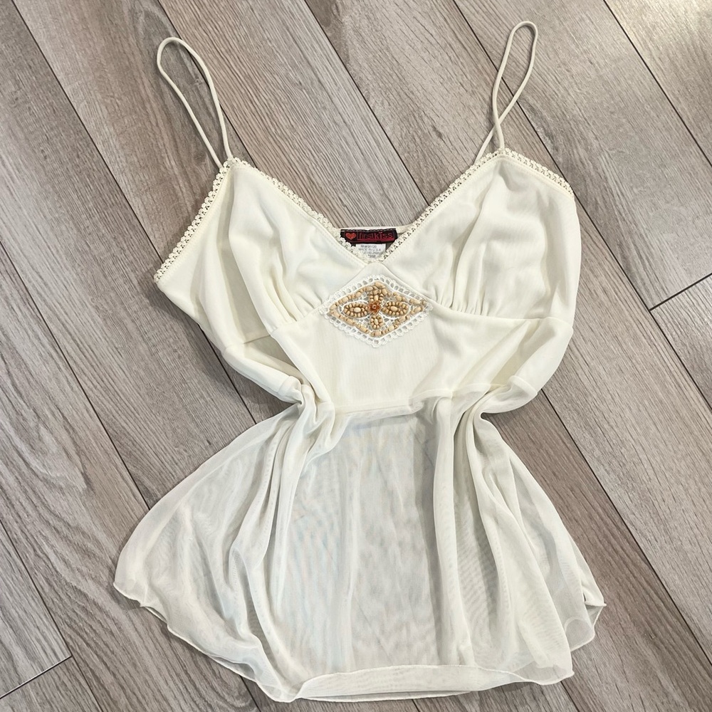 Vintage Y2K First Kiss cream sheer cami top with beaded accent size Extra Large